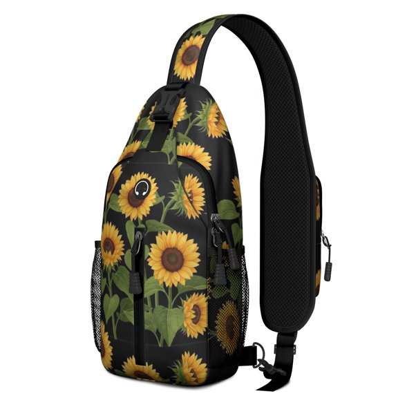 Sunflower and Leaf Black Pattern Sling Backpack, Casual Day Sling Pack with Earphone Port, Breathable Padded Back Gift Ideas for Travel Shopping