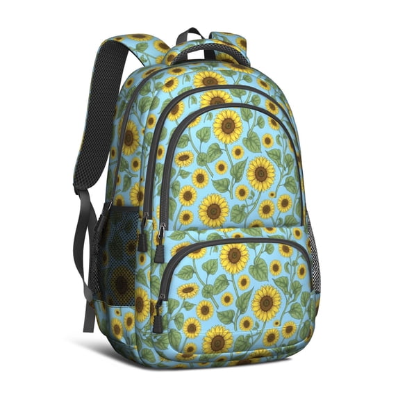 Sunflower and Leaf Blue Pattern Backpack for School, Cute School Bag with Adjustable Shoulder Straps and Padded Back, 16.9"x12.6"x5.9"
