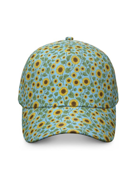 Sunflower and Leaf Blue Pattern Baseball Cap, Outdoor Travel Cap with Snap Closure & Sweatband, Breathable Eyelets Gifts for Unisex Men Women