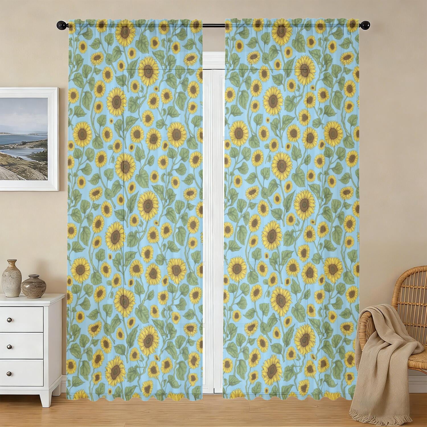 Sunflower and Leaf Blue Pattern Sheer Curtains, Rod Pocket Sheer Drapes ...