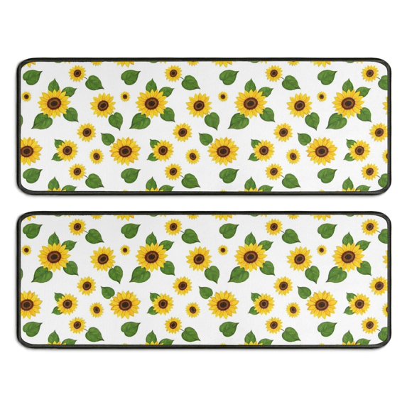 Sunflower and Leaf White Pattern Anti Fatigue Kitchen Rugs Set Of 2, Non Slip Washable Decorative Floor Mats for Sink Laundry and Home Use, 17"x47"