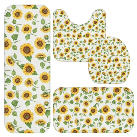 Sunflower and Leaf White Pattern Bathroom Rug Set 4 Piece,Includes Contour,Lid Cover,Bath Mat,Non-Slip Extra Soft Absorbent Washable