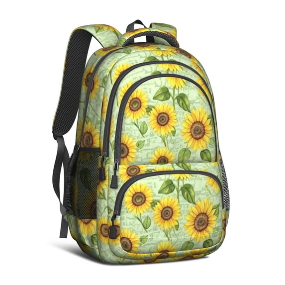 Sunflower and Leaf White Pattern Cute School Backpack Bag with Padded Back and Adjustable Shoulder Straps 16.9 X 12.6 X 5.9 Inches