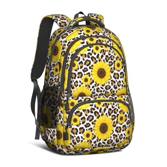 Sunflower and Leopard White Pattern Cute School Backpack Bag with Padded Back and Adjustable Shoulder Straps 16.9 X 12.6 X 5.9 Inches