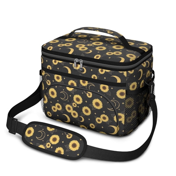 Sunflower and Moon Black Pattern Insulated Lunch Box for Women Men, Medium Leakproof Cooler Bag with Adjustable Strap, 10"x6.7"x8"