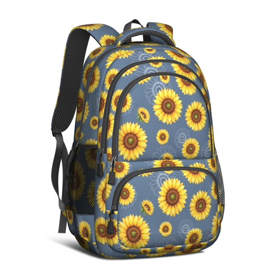 Sunflower and Outline Blue Pattern Cute School Backpack Bag with Padded Back and Adjustable Shoulder Straps 16.9 X 12.6 X 5.9 Inches