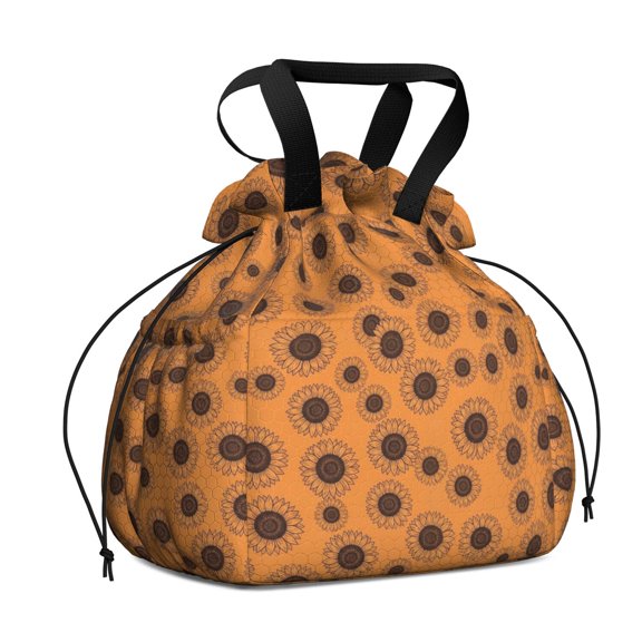 Sunflower and Outline Orange Pattern Drawstring Insulated Lunch Bag for Women, Stain-Resistant Large Lunch Tote with Multi-Pockets for Work Office
