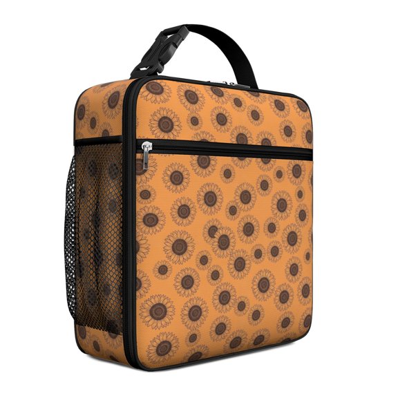 Sunflower and Outline Orange Pattern Insulated Lunch Bag Teens,Lunch Box for Men Women for Work,Picnic or Travel,10.2x9.5x4.3 Inches,8 Can Capacity