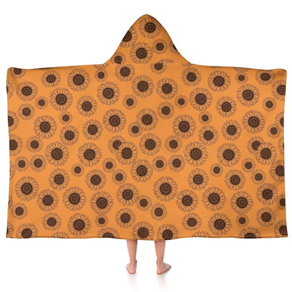 Sunflower and Outline Orange Pattern Teens Hooded Bath Towel Wrap for Ages 3 To 12,Quick Dry Lightweight Soft Microfiber Bath Beach Pool,50"x30"