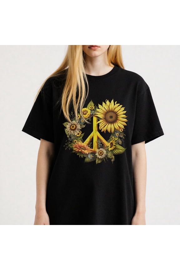 Sunflower and Peace Sign Printing T Shirt Tee