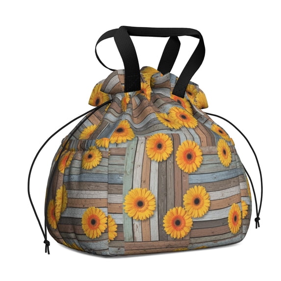Sunflower and Plank Brown Pattern Drawstring Insulated Lunch Bag for Women, Stain-Resistant Large Lunch Tote with Multi-Pockets for Work Office