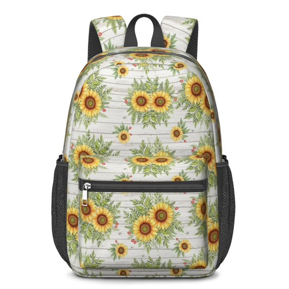 Sunflower and Plank Cream Pattern 17" Waterproof Oxford School Backpacks for Teens, S-Shape Padded Straps, for School, Travel, Hiking, Camping
