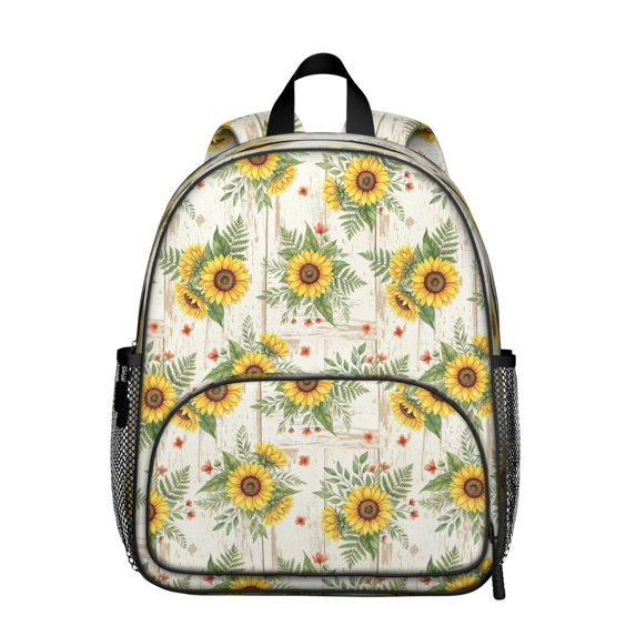 Sunflower and Plank Cream Pattern Backpack for School, Cute School Bag with Adjustable Shoulder Straps and Padded Back, 13.8"x11.4"x6"