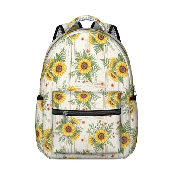 Sunflower and Plank Cream Pattern Backpack for School, Cute School Bag with Adjustable Shoulder Straps and Padded Back, 15.3"x11"x7.1"