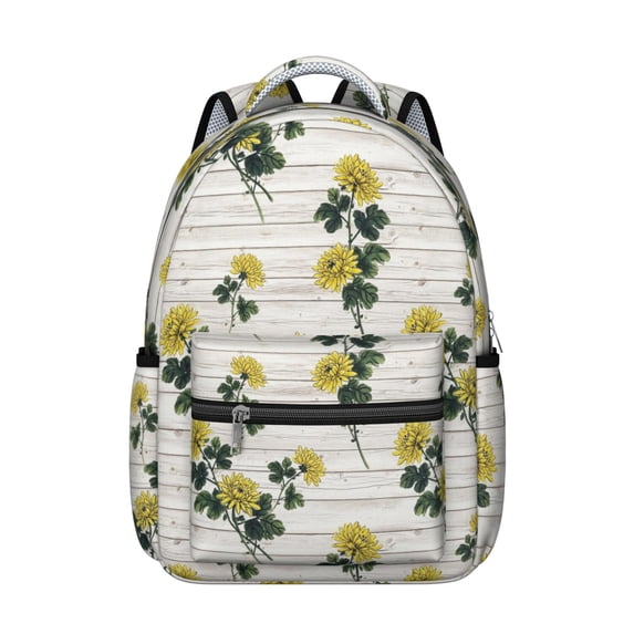 Sunflower and Plank White Pattern Backpack for School, Cute School Bag with Adjustable Shoulder Straps and Padded Back, 15.3"x11"x7.1"
