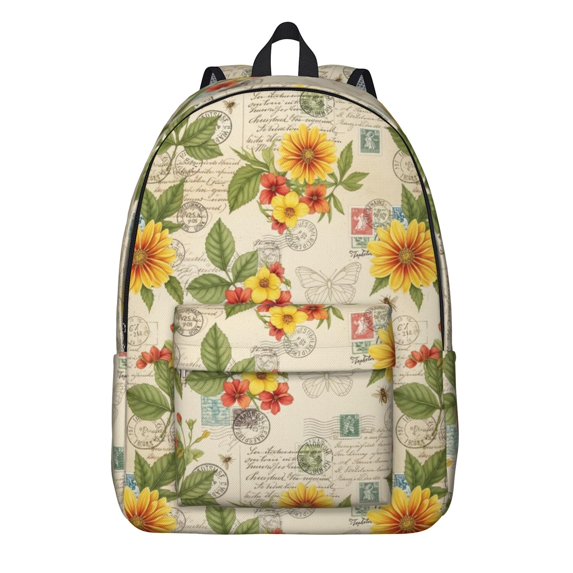 Sunflower and Postcard Cream Pattern Backpack for School, Cute School Bag with Adjustable Shoulder Straps and Padded Back, 15.7"x11.8"x5.5"