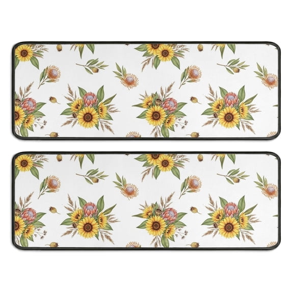 Sunflower and Protea White Pattern Anti Fatigue Kitchen Rugs Set Of 2, Non Slip Washable Decorative Floor Mats for Sink Laundry and Home Use, 17"x47"