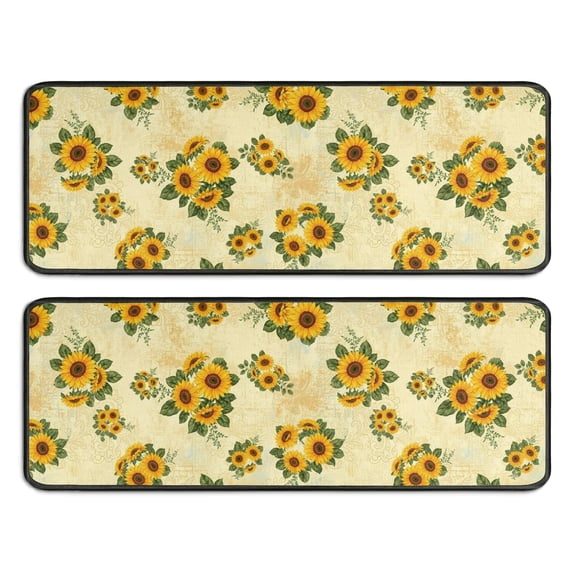 Sunflower and Scroll Cream Pattern Anti Fatigue Kitchen Rugs Set Of 2, Non Slip Washable Decorative Floor Mats for Sink Laundry and Home Use, 17"x47"