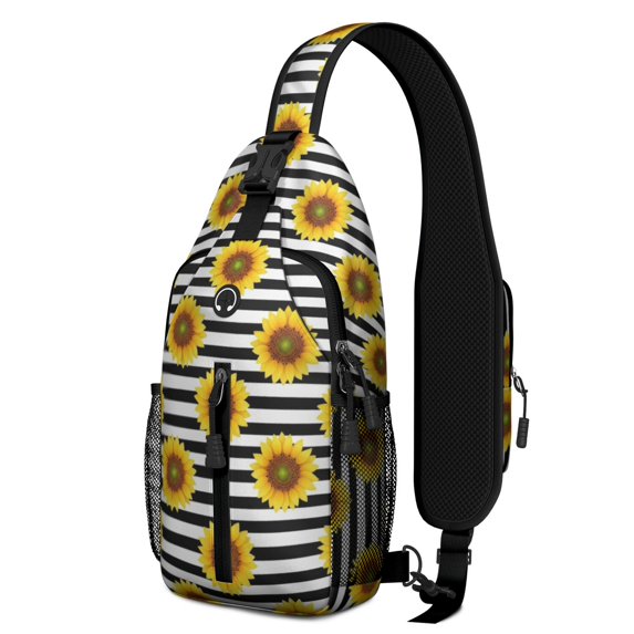 Sunflower and Stripe Black Pattern Sling Backpack, Cycling Sling Bag ...