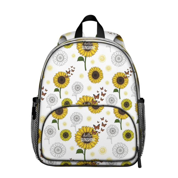 Sunflower and Text White Pattern Backpack for School, Cute School Bag with Adjustable Shoulder Straps and Padded Back, 13.8"x11.4"x6"