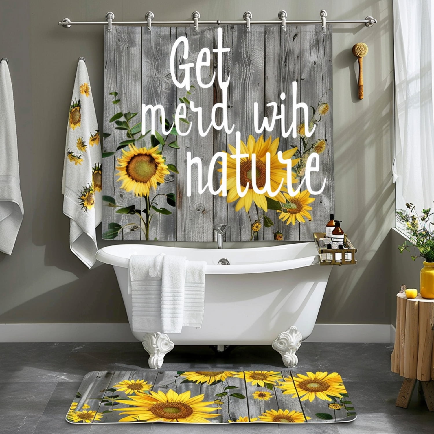 Sunflower and Wildflower Bathroom Wall Art Decor with Yellow Accents Modern Farmhouse Style Grey ...