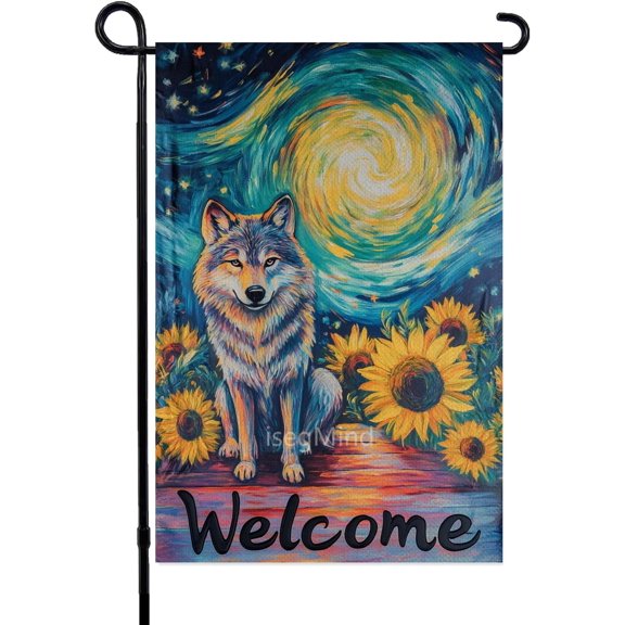 Sunflower and Wolf Garden Flag Welcome Design 12x18 Inch Small Double Sided Outdoor Yard Flag