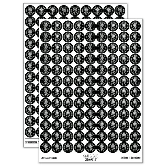 Sunflower in Circle 200+ Round Stickers - Black - Gloss Finish - 0.50" Size