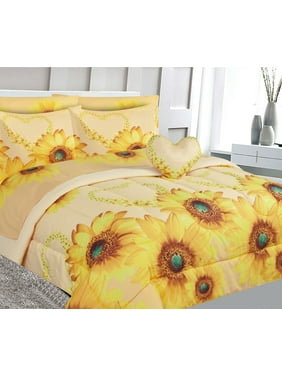 Sunflower ivory print design Bed in Bag comforter & sheet set of 6 piece in twin size super soft fade resistant for girls, boys room dcor