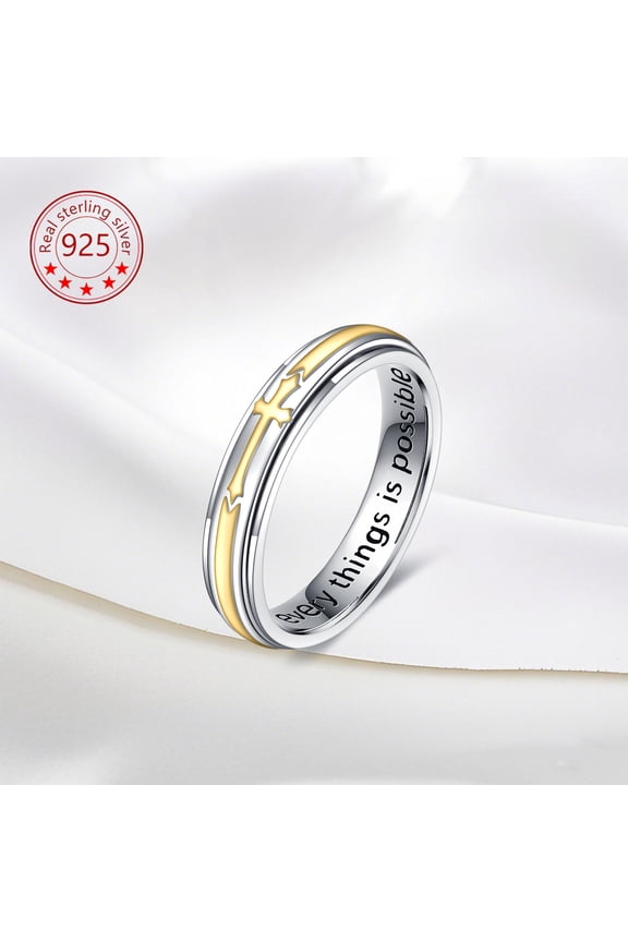 Sunflower/love Heart/Cross Anxiety Rings for Women Sterling Silver Anxiety Spinner Rings Rotatable Mood Rings Relieve Stress Gift (Cross Spinner Ring)