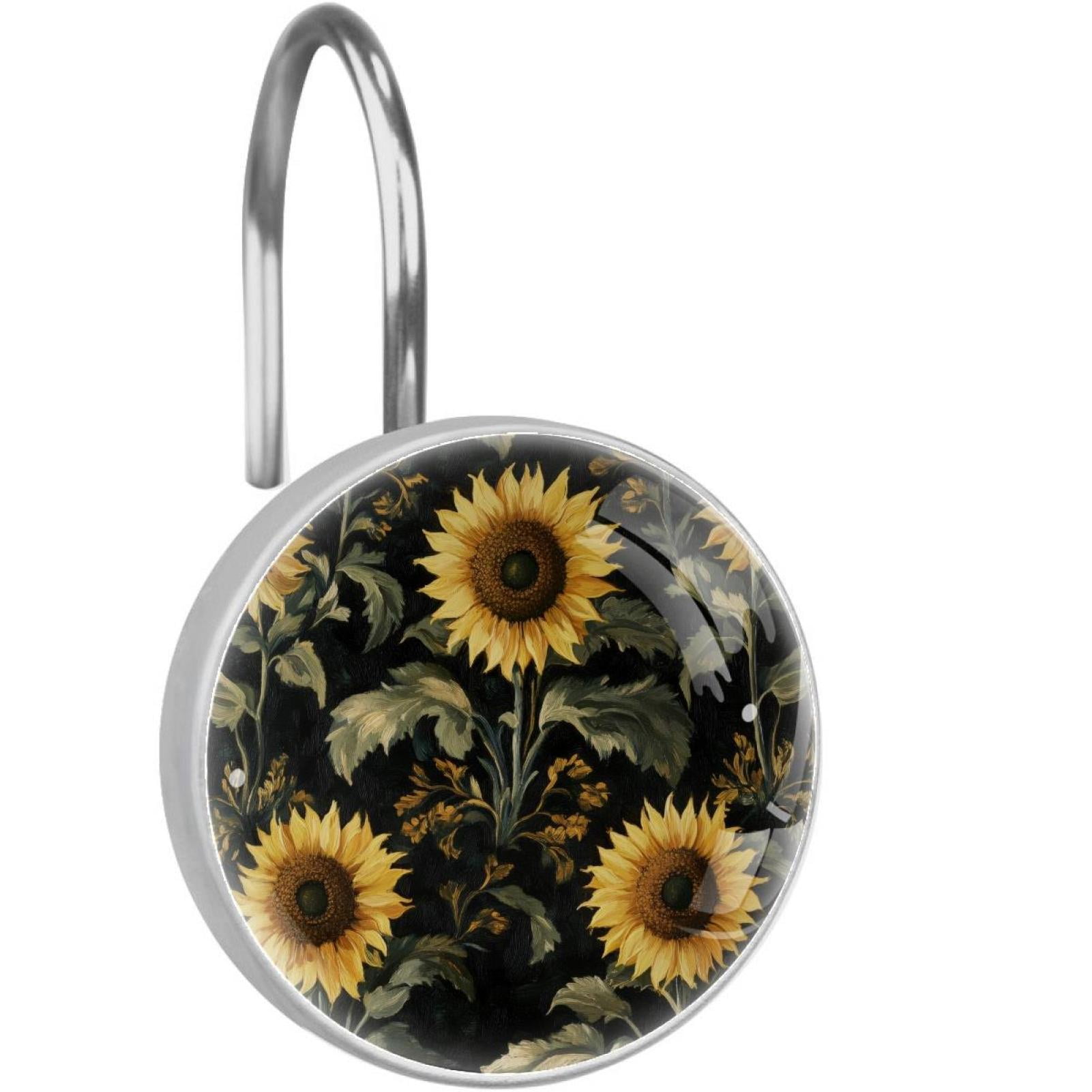 Sunflower on Black Shower Curtain Hooks Round Crystal Glass, Set of 12 Shower Curtain Rings - Shower Hooks for Curtain Shower Rings