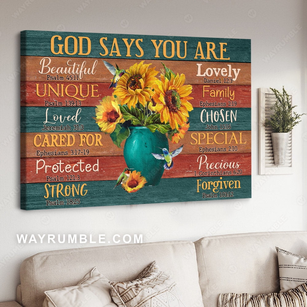 Sunflower painting, Blue vase, Colorful hummingbird, God says you are ...