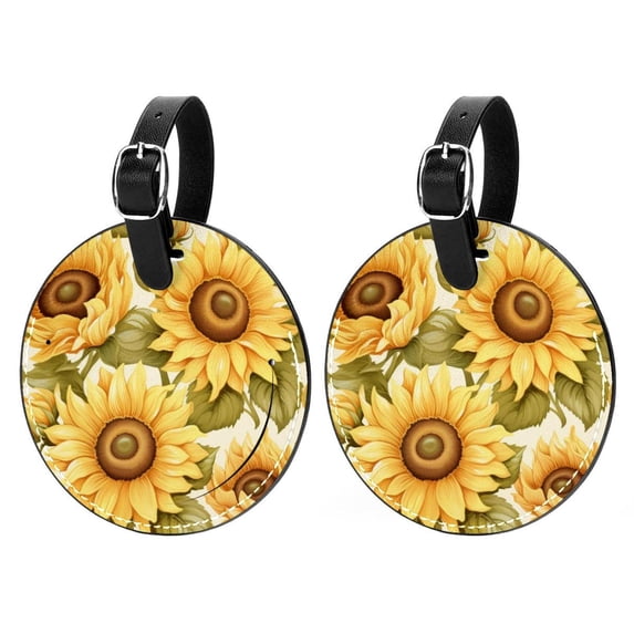 Sunflower seamless printing 2pcs PU Leather Round Bag Tags with Privacy Cover and Name ID Tag - Suitcase Tags for Travel Luggage, Handbags, Backpacks, School Bags