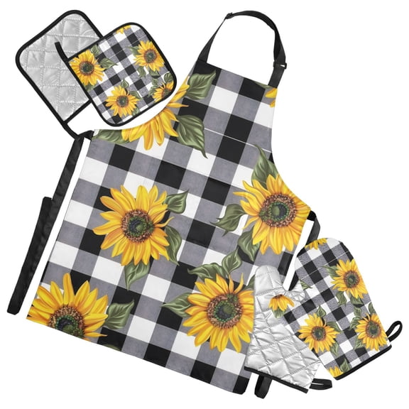 Sunflower with Black White Plaid 5 Pcs Kitchen Set Heat Resistant Oven Mitts and Non-Slip Pot Holders with Adjustable Cooking Apron