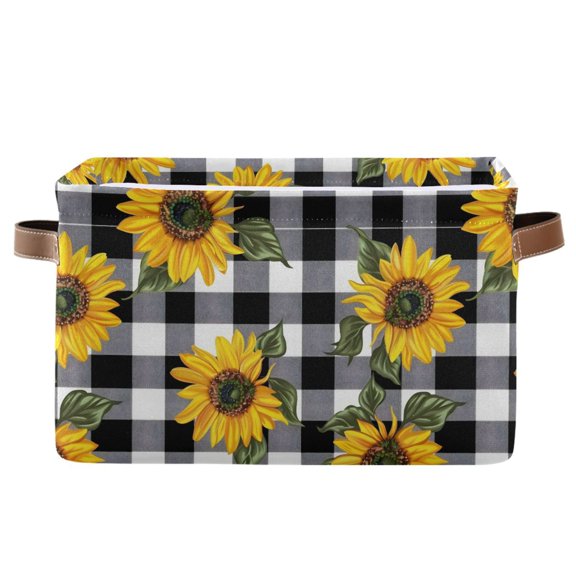 Sunflower with Black White Plaid Storage Bins with Handle Fabric Organizer Basket Foldable Box 1 Pack 14.2x10.2x8.3