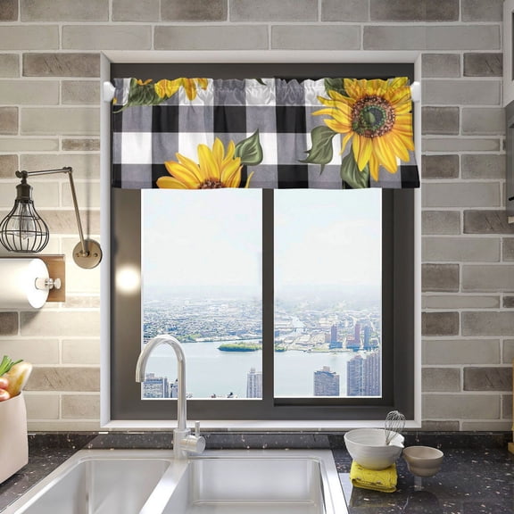 Sunflower with Black White Plaid Valance Curtains 54"x18" Rod Pocket for Kitchen Living Room Windows Farmhouse Decor