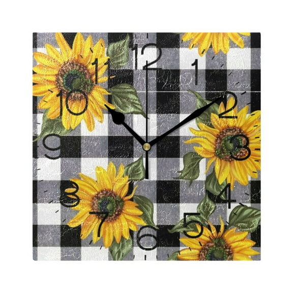 Sunflower with Black White Plaid Wall Clock 7.78" Non-Ticking Silent Battery Operated for Home Bedroom Office Kitchen Living Room