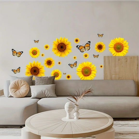 Sunflower with Butterfly PVC Wall Stickers, Sunflower Stickers, Living Room and Bedroom Decoration, Butterfly Wall Stickers