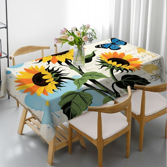 Sunflower with Butterfly Tablecloths for dining table,  Holiday-Themed Design - Polyester Tablecloths Rectangular Tablecloth, Cafe, dinner, picnic,