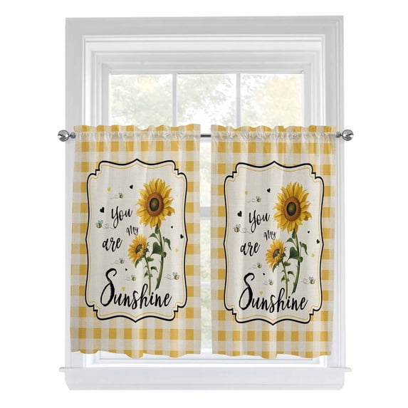 Sunflowers 2 Panel Kitchen Curtains for Windows, Yellow Floral Botanical Checkered Rustic Bathroom Privacy Curtain, Home Décor Window Treatment for Bedroom/Living Room 55"x45"