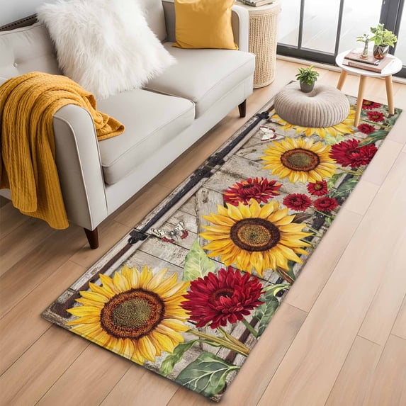 Sunflowers 2'x6' Runner Rugs for Hallway Kitchen Bedside Non Slip, Retro Flower Barn Doors Butterfly Farmhouse Brown Entryway Rug Runners with Rubber Backing, Long Carpet Runner for Laundry Room
