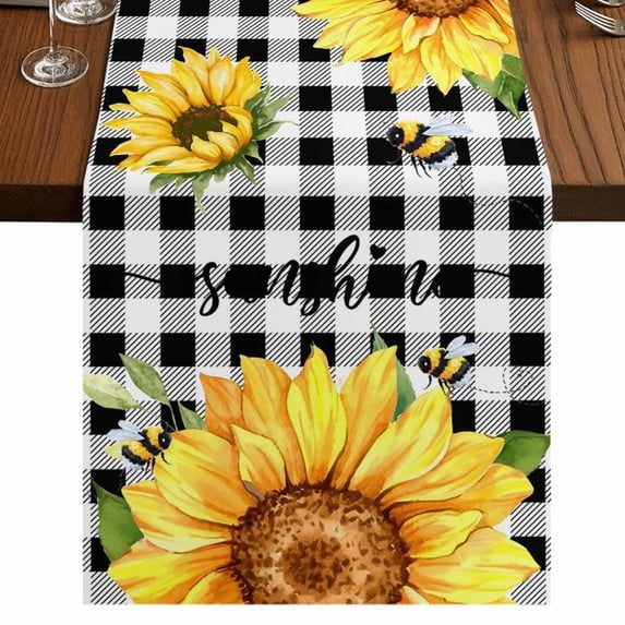Sunflowers 36 Inch Table Runner, Black White Check Sunshine Buffalo Bee Farmhouse Dresser Scarf Cotton & Linen Tablerunner for Dining/Kitchen Island/Holiday Party Décor Small 13" x 36"
