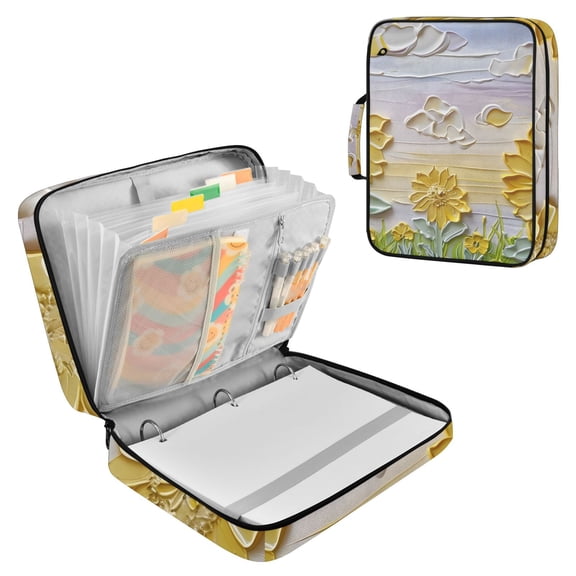 Sunflowers 3d Embossed Oil Painting Accordion File Organizer Expanding File Folder 3-Ring Binder Bag 500 Sheets A4 Size