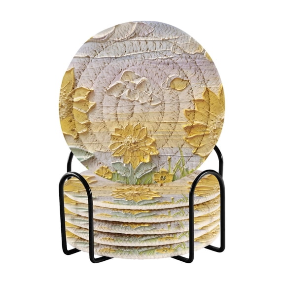 Sunflowers 3d Embossed Oil Painting Drinking Coasters Cup Mat with Holder for Kitchen Cafe Bar 6 Packs