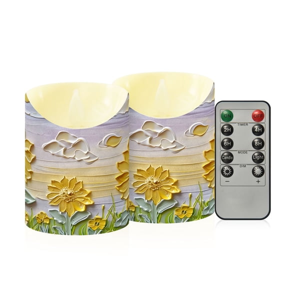 Sunflowers 3d Embossed Oil Painting Flickering Flameless Candles with Remote Timer Battery Operated LED Tealight Set of 2 S