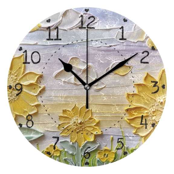 Sunflowers 3d Embossed Oil Painting Round Wall Clock Silent Analog Battery Operated Black Pointer Home Decor 9.84" Diameter