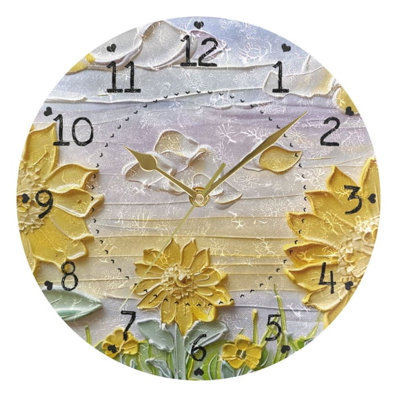 Sunflowers 3d Embossed Oil Painting Round Wall Clock Silent Analog Battery Operated Gold Pointer Home Decor 9.84" Diameter