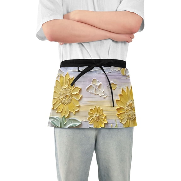 Sunflowers 3d Embossed Oil Painting Short Server Apron with 3 Pockets for Unisex Chef Gardening
