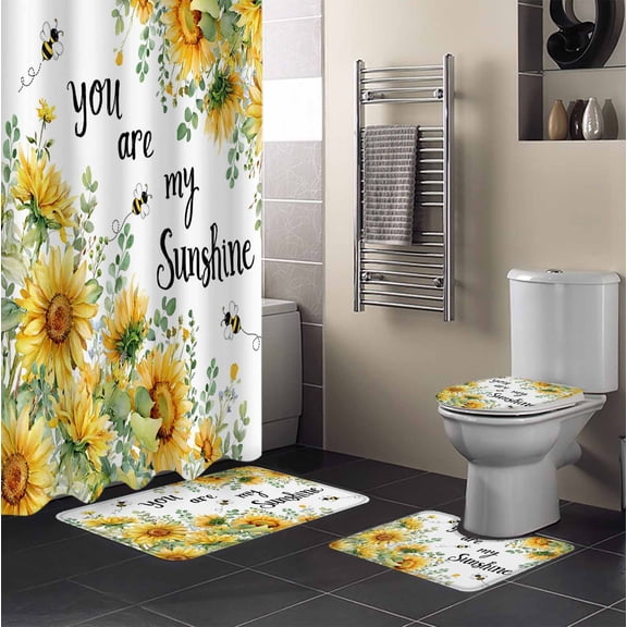 Sunflowers 4PCS Shower Curtains Set with Toilet Lid Cover Non-Slip Rugs, You Are My Sunshine Country Summer Floral Bee Waterproof Shower Curtain Set for Bathroom with 12 Hooks 72x72 In