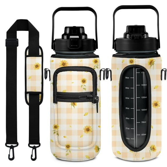 Sunflowers 64 Oz Water Bottle with Measurements - BPA Free Leakproof Sport Large Plastic Water Bottle with Straw Strap & Insulated Neoprene Holder Carrier Bag Great Gift for Women Men