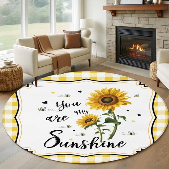 Sunflowers 8' Round Area Rug, Yellow Floral Botanical Checkered Farmhouse Washable Non-Slip Large Circle Rugs for Living Room Bedroom, Soft Low Pile Rug Carpet for Dining Room Kitchen Farmhouse